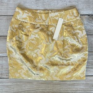 NWT Line & Dot Damask Pleated Gold Metallic Mini Skirt, Size Small